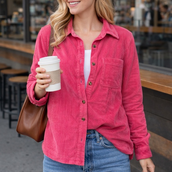 L.L. Bean Women's Vibrant Pink Corduroy Button-Down Shirt - Picture 1 of 4